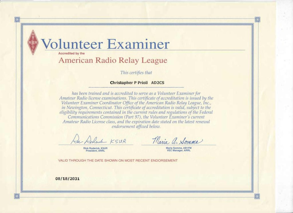AD2CS ARRL VE Certificate