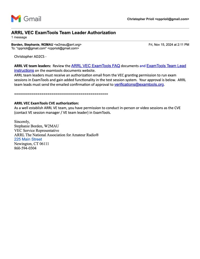 AD2CS ARRL VE team Leader Authorization